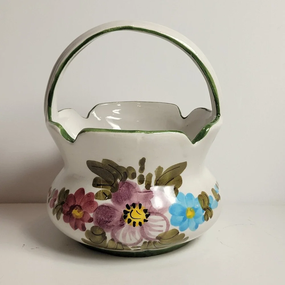 Hand Painted Italy Ceramic Floral Basket Bowl White Floral Cottage Scalloped MCM